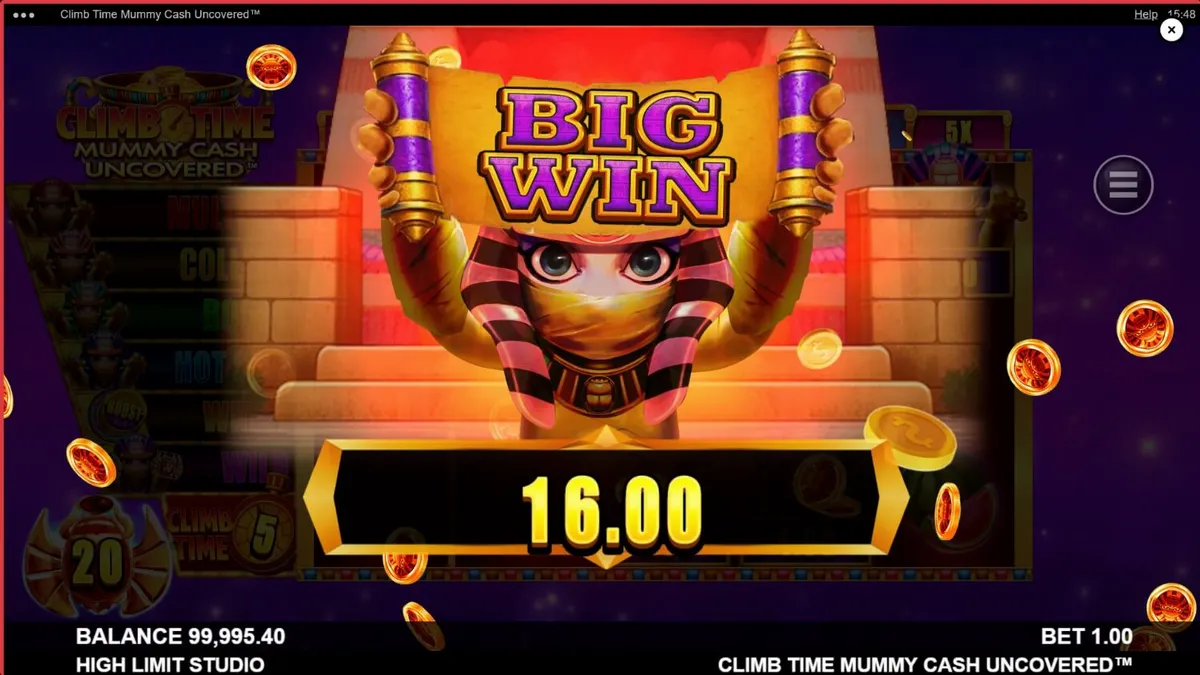 Tampilan visual slot Climb Time Mummy Cash Uncovered dengan latar belakang langit malam Mesir.