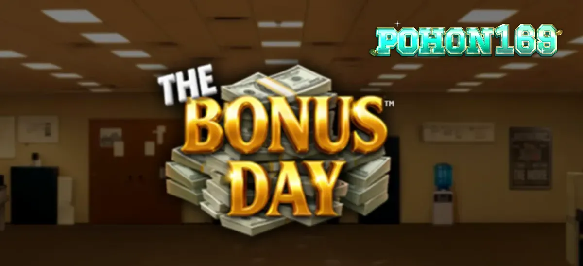 Tampilan visual slot The Bonus Day dengan tema kantor yang penuh warna dan simbol-simbol korporat.